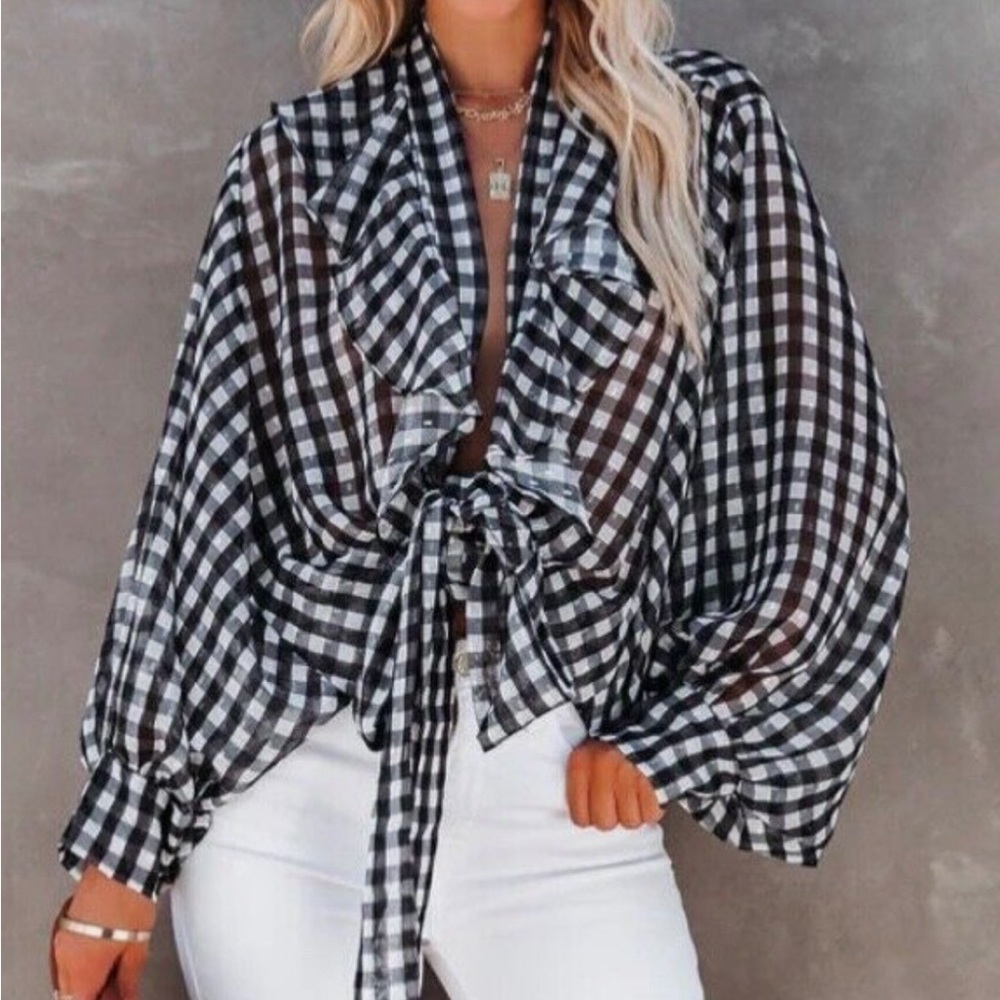 Free People plaid tie front blouse